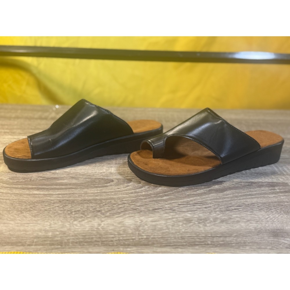 Womens Black Faux Leather Toe Loop Platform Slide Sandals Size 9.5-10